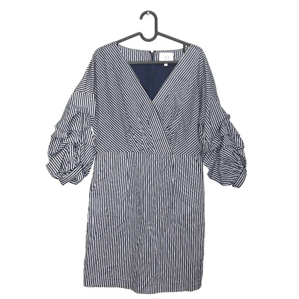 JOA Navy Stripe Balloon Sleeve Mini Sheath Dress L